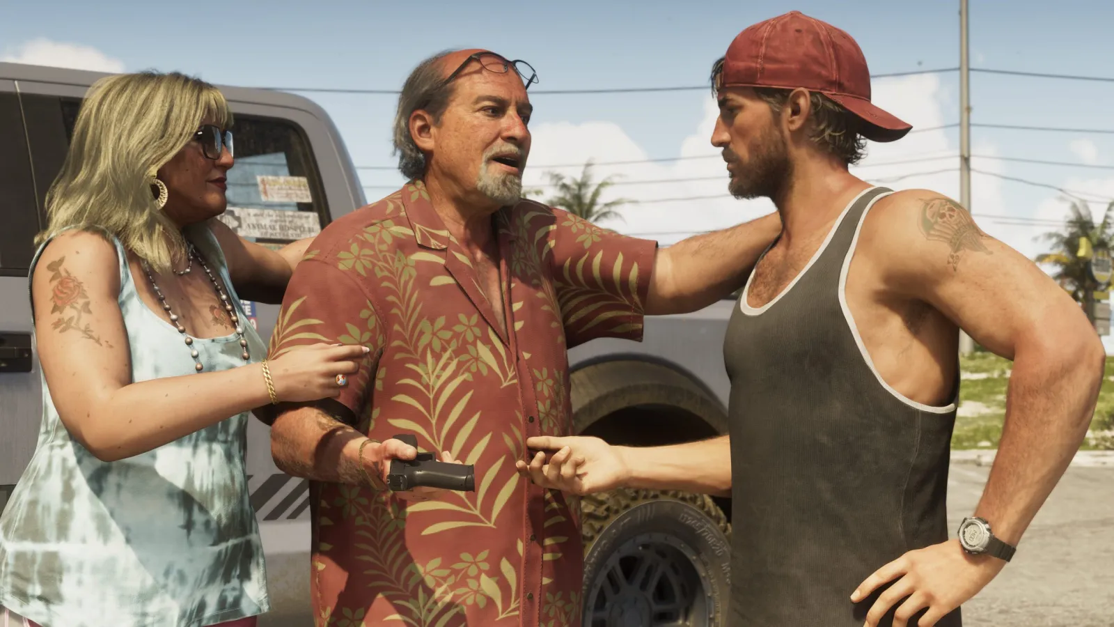 Three GTA 6 characters in a tense exchange on a sunlit street, including Brian Heder