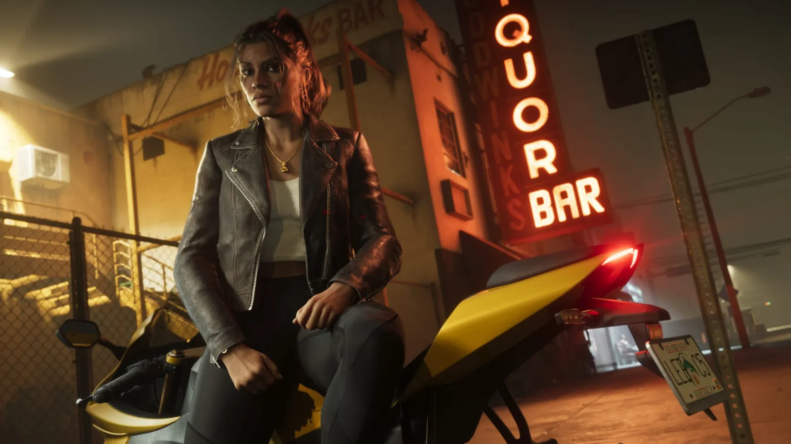 Lucia Caminos, one of GTA 6's two confirmed protagonists, on a motorcycle outside a neon-lit bar in Vice City at night